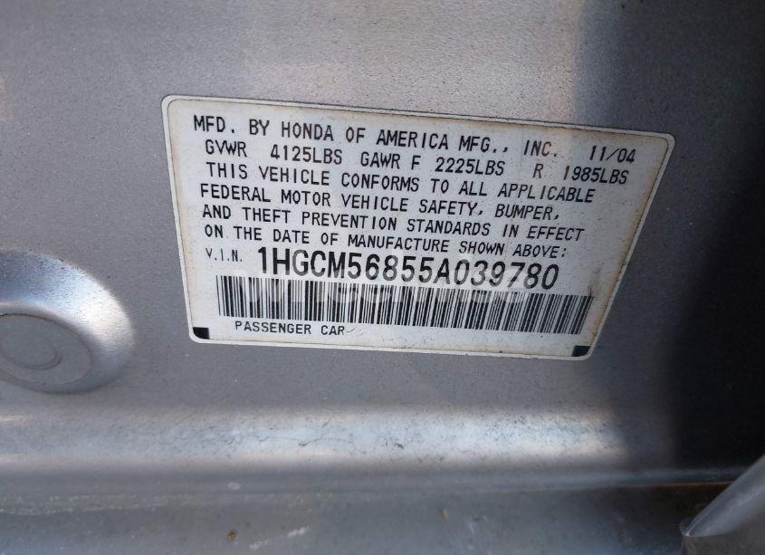 Photo 9 of 2005 Honda Accord 2.4 EX (VIN 1HGCM56855A039780)