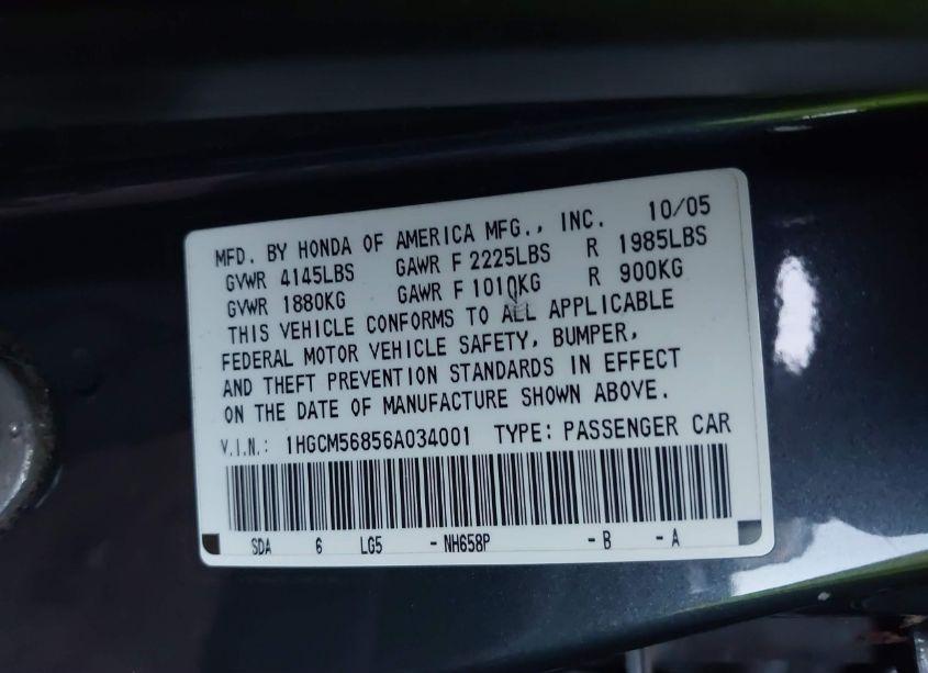 Photo 9 of 2006 Honda Accord 2.4 EX (VIN 1HGCM56856A034001)