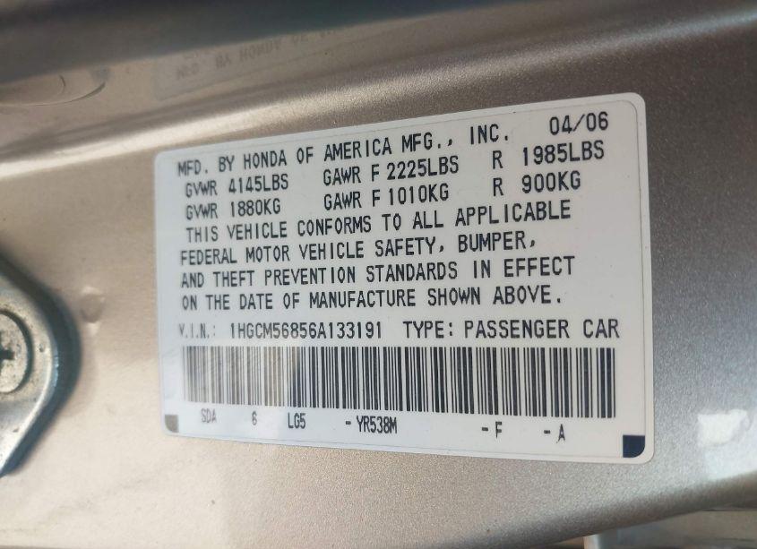 Photo 9 of 2006 Honda Accord 2.4 EX (VIN 1HGCM56856A133191)
