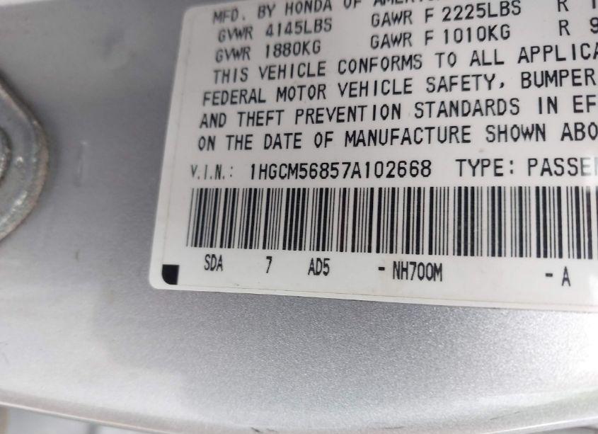 Photo 9 of 2007 Honda Accord 2.4 EX (VIN 1HGCM56857A102668)