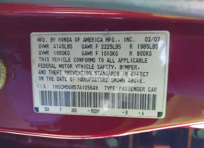 Photo 9 of 2007 Honda Accord 2.4 EX (VIN 1HGCM56857A105649)