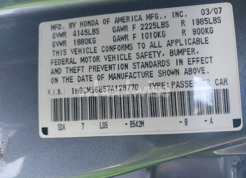 Photo 9 of 2007 Honda Accord 2.4 EX (VIN 1HGCM56857A128770)