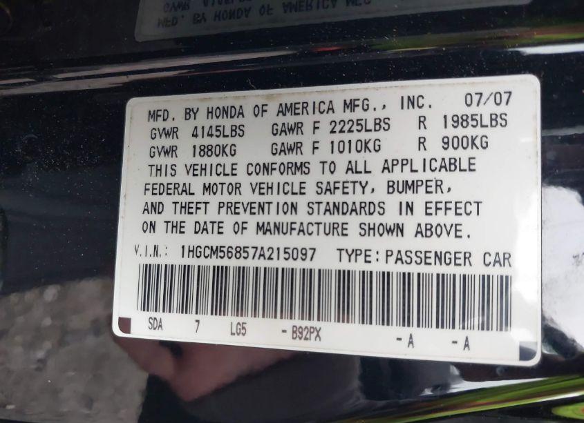 Photo 9 of 2007 Honda Accord 2.4 EX (VIN 1HGCM56857A215097)