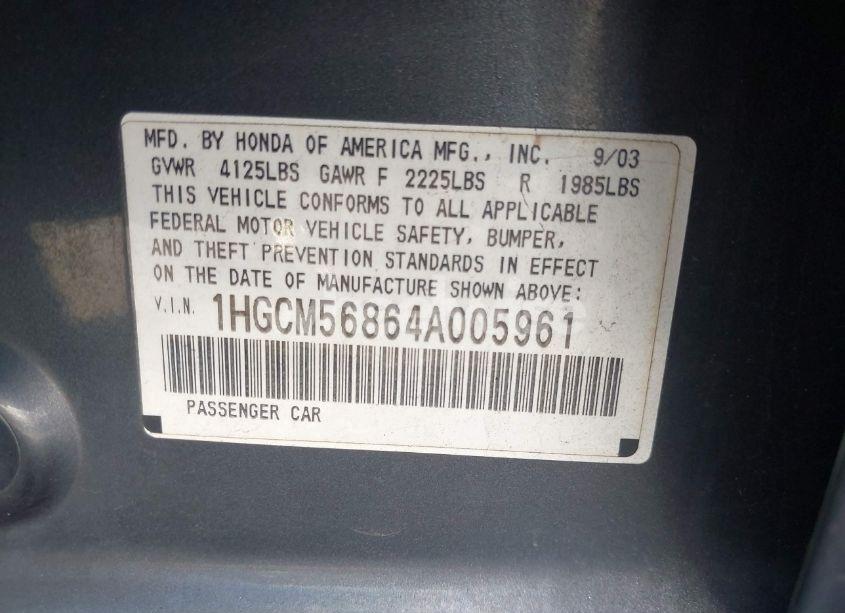 Photo 9 of 2004 Honda Accord 2.4 EX (VIN 1HGCM56864A005961)