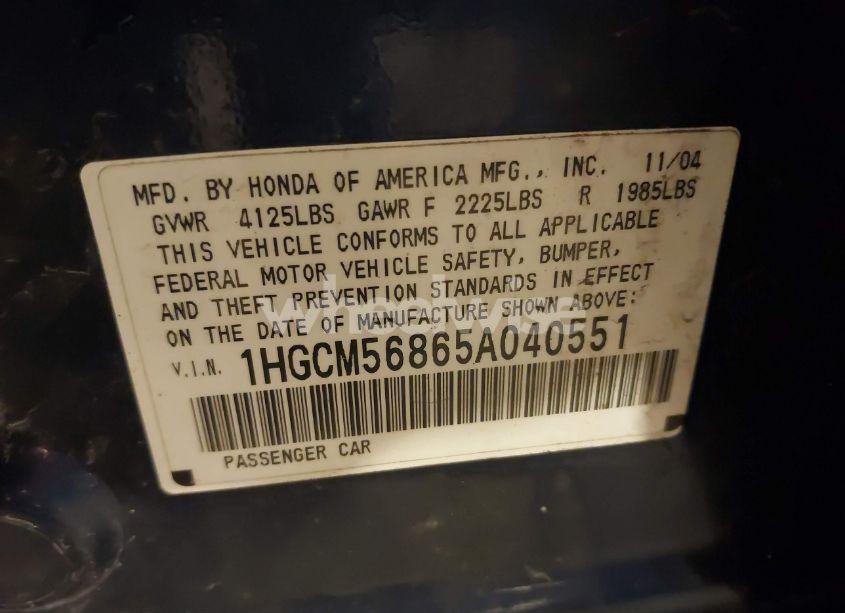 Photo 9 of 2005 Honda Accord 2.4 EX (VIN 1HGCM56865A040551)