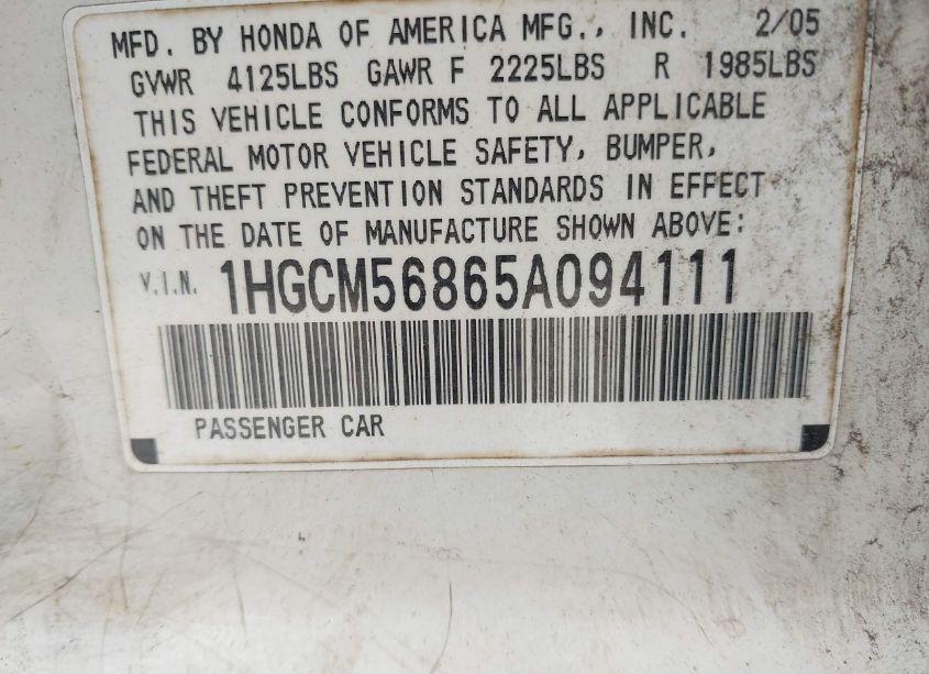 Photo 9 of 2005 Honda Accord 2.4 EX (VIN 1HGCM56865A094111)