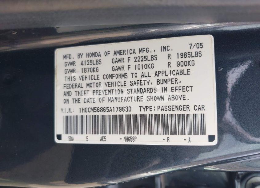 Photo 9 of 2005 Honda Accord 2.4 EX (VIN 1HGCM56865A179630)