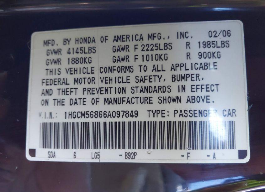 Photo 9 of 2006 Honda Accord 2.4 EX (VIN 1HGCM56866A097849)