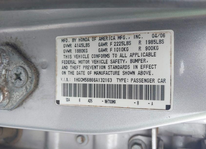 Photo 9 of 2006 Honda Accord 2.4 EX (VIN 1HGCM56866A132163)