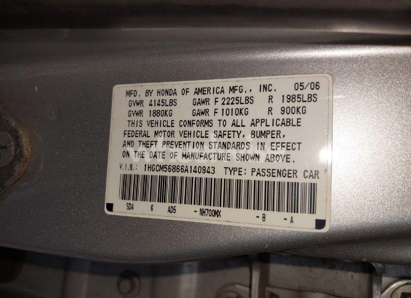 Photo 9 of 2006 Honda Accord 2.4 EX (VIN 1HGCM56866A140943)