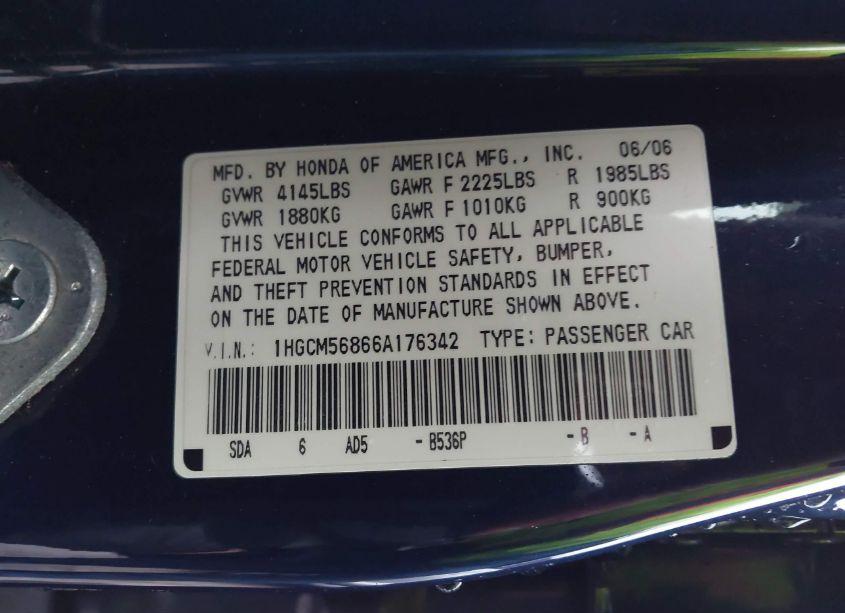 Photo 9 of 2006 Honda Accord 2.4 EX (VIN 1HGCM56866A176342)