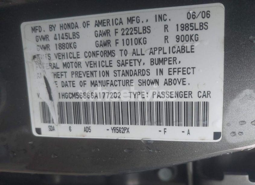 Photo 9 of 2006 Honda Accord 2.4 EX (VIN 1HGCM56866A177202)