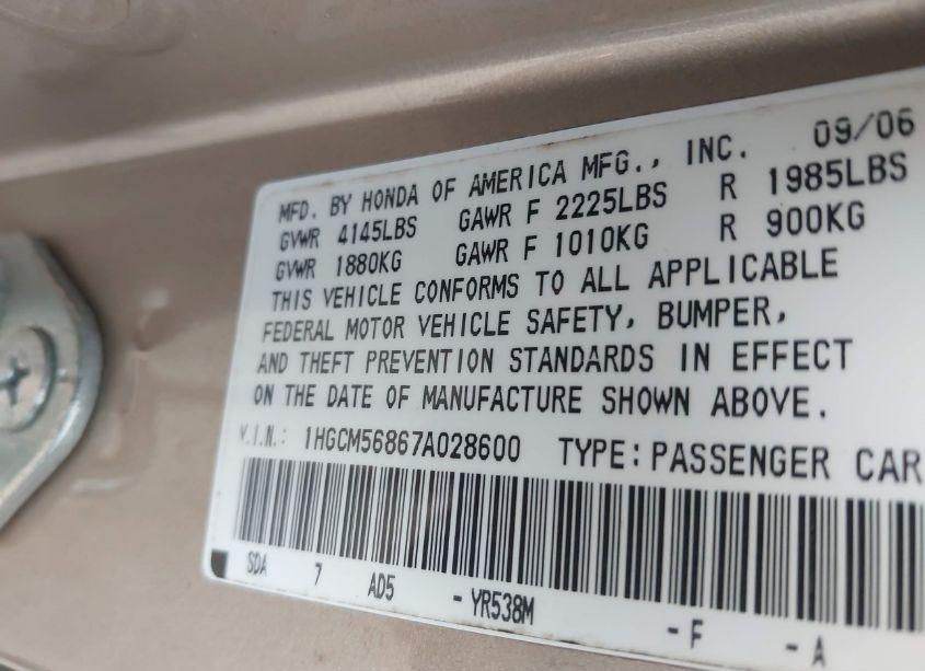 Photo 9 of 2007 Honda Accord 2.4 EX (VIN 1HGCM56867A028600)