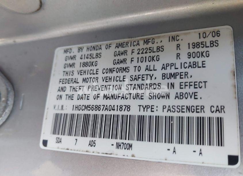 Photo 9 of 2007 Honda Accord 2.4 EX (VIN 1HGCM56867A041878)