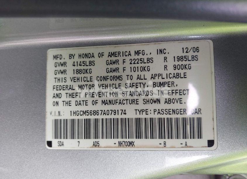 Photo 9 of 2007 Honda Accord 2.4 EX (VIN 1HGCM56867A079174)