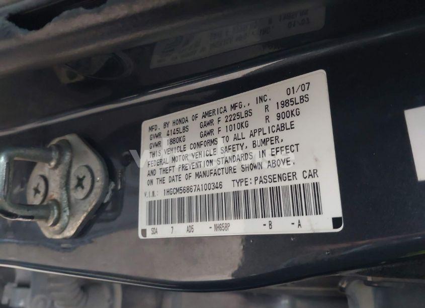 Photo 9 of 2007 Honda Accord 2.4 EX (VIN 1HGCM56867A100346)