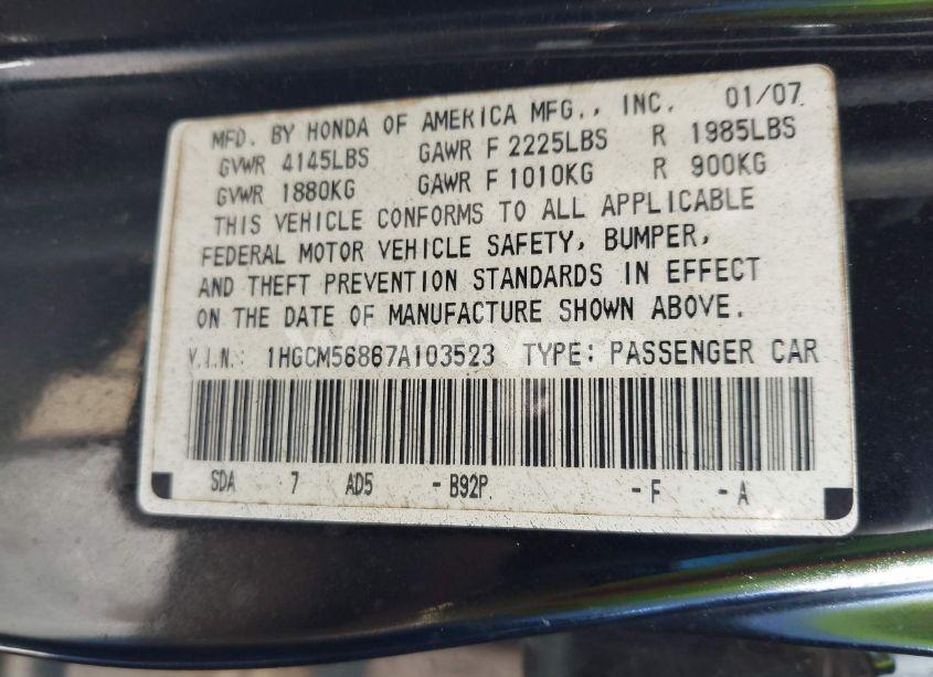 Photo 9 of 2007 Honda Accord 2.4 EX (VIN 1HGCM56867A103523)