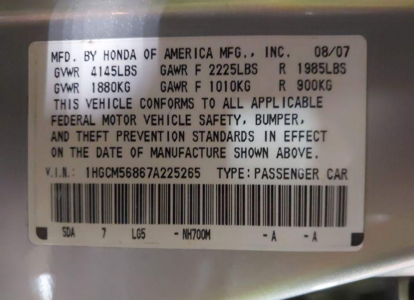 Photo 9 of 2007 Honda Accord 2.4 EX (VIN 1HGCM56867A225265)