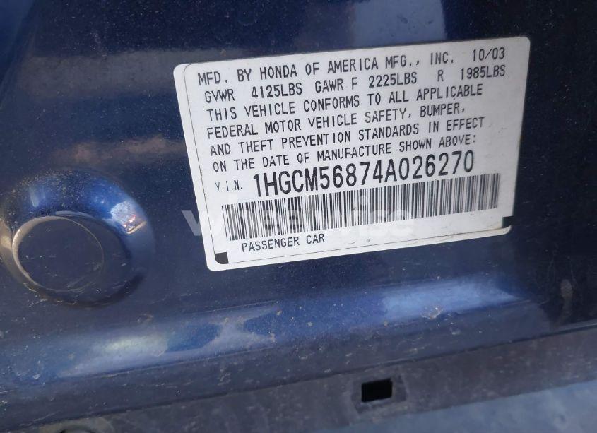 Photo 9 of 2004 Honda Accord 2.4 EX (VIN 1HGCM56874A026270)