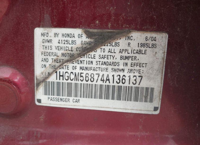 Photo 9 of 2004 Honda Accord 2.4 EX (VIN 1HGCM56874A136137)