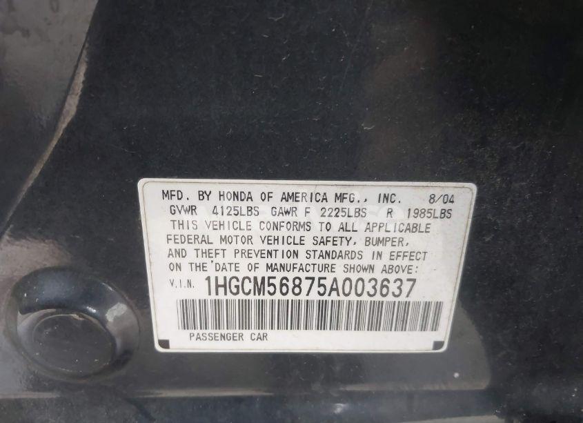 Photo 9 of 2005 Honda Accord 2.4 EX (VIN 1HGCM56875A003637)