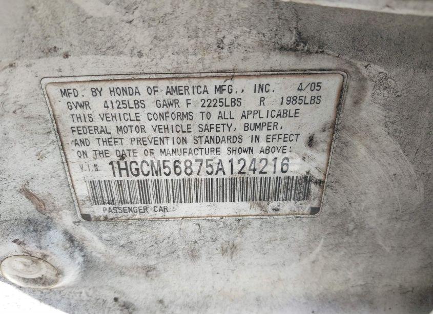 Photo 9 of 2005 Honda Accord 2.4 EX (VIN 1HGCM56875A124216)