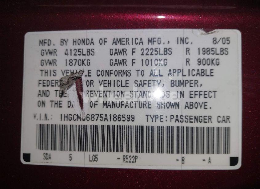 Photo 9 of 2005 Honda Accord 2.4 EX (VIN 1HGCM56875A186599)