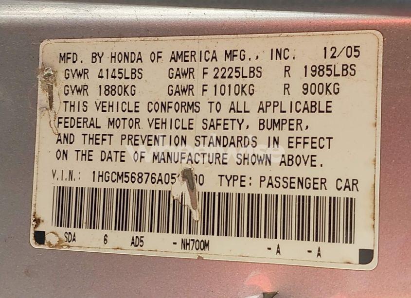 Photo 9 of 2006 Honda Accord 2.4 EX (VIN 1HGCM56876A059790)