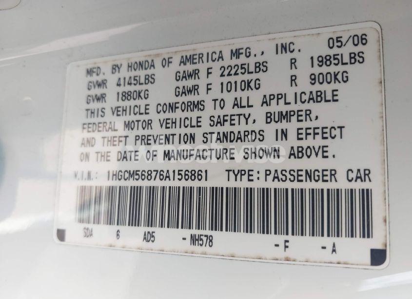 Photo 9 of 2006 Honda Accord 2.4 EX (VIN 1HGCM56876A156861)