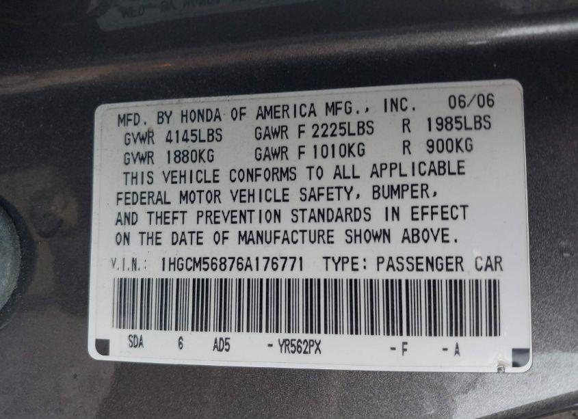 Photo 9 of 2006 Honda Accord 2.4 EX (VIN 1HGCM56876A176771)