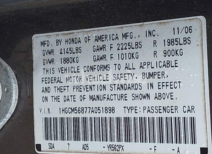 Photo 9 of 2007 Honda Accord 2.4 EX (VIN 1HGCM56877A051898)