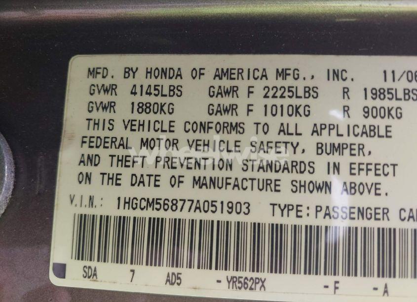 Photo 9 of 2007 Honda Accord 2.4 EX (VIN 1HGCM56877A051903)
