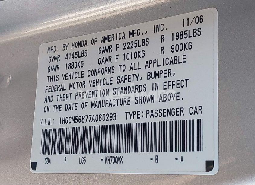 Photo 9 of 2007 Honda Accord 2.4 EX (VIN 1HGCM56877A060293)