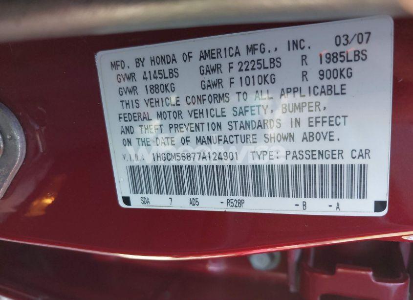 Photo 9 of 2007 Honda Accord 2.4 EX (VIN 1HGCM56877A124901)
