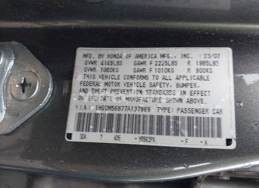 Photo 9 of 2007 Honda Accord 2.4 EX (VIN 1HGCM56877A137969)