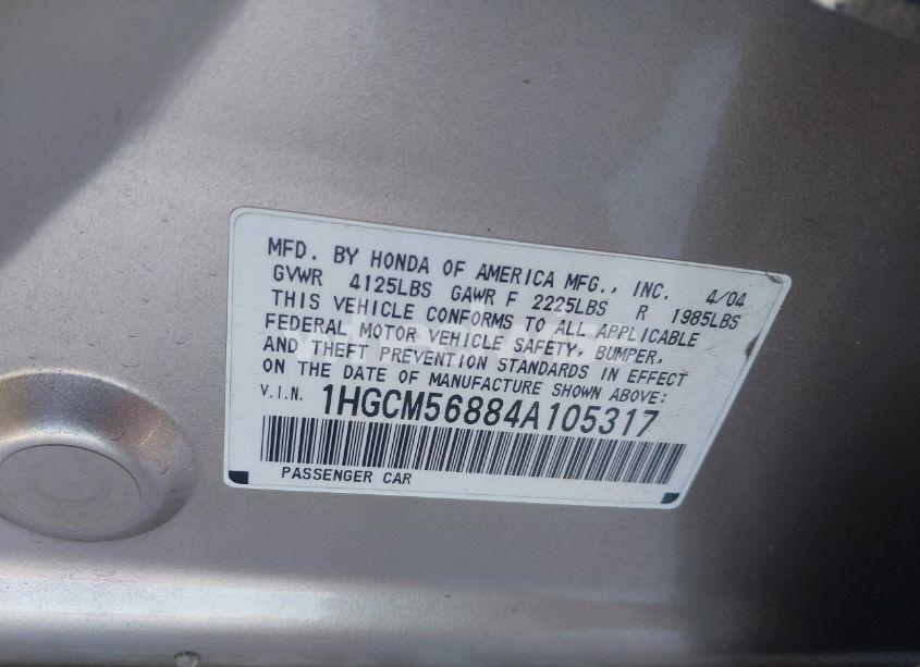 Photo 9 of 2004 Honda Accord 2.4 EX (VIN 1HGCM56884A105317)