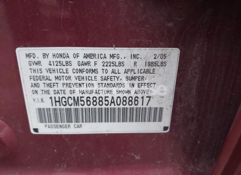 Photo 9 of 2005 Honda Accord 2.4 EX (VIN 1HGCM56885A088617)