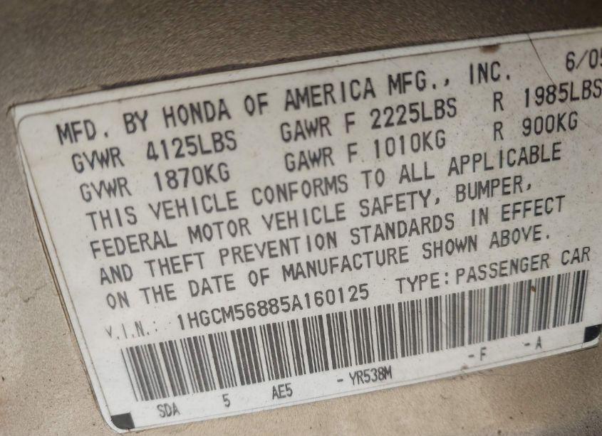 Photo 9 of 2005 Honda Accord 2.4 EX (VIN 1HGCM56885A160125)