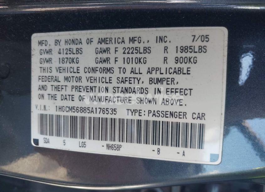 Photo 9 of 2005 Honda Accord 2.4 EX (VIN 1HGCM56885A176535)