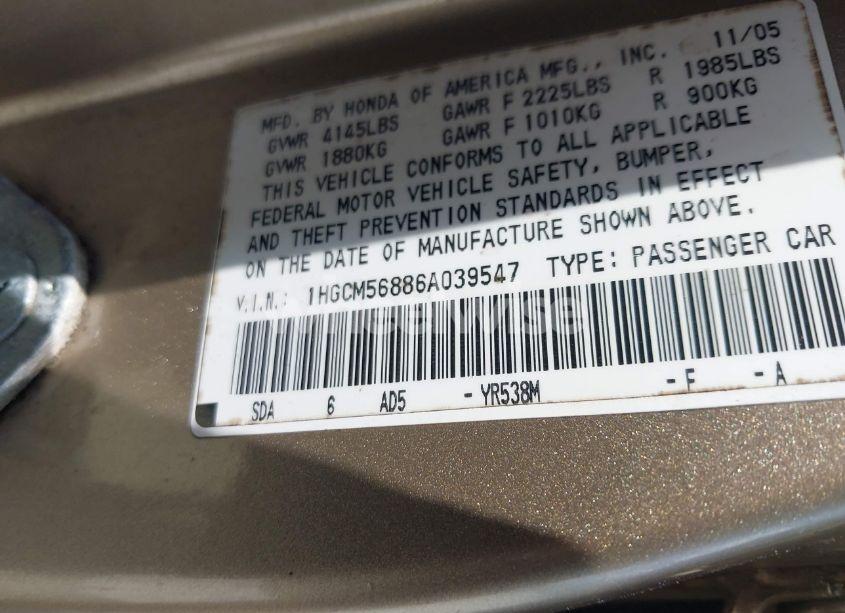 Photo 9 of 2006 Honda Accord 2.4 EX (VIN 1HGCM56886A039547)