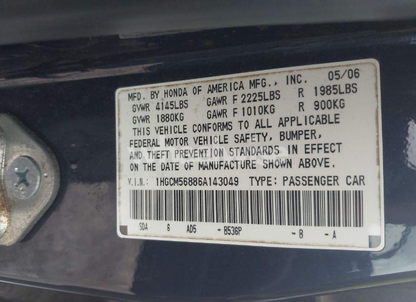 Photo 9 of 2006 Honda Accord 2.4 EX (VIN 1HGCM56886A143049)