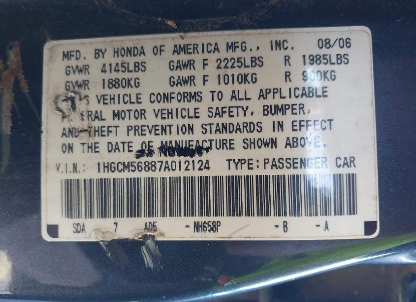 Photo 9 of 2007 Honda Accord 2.4 EX (VIN 1HGCM56887A012124)