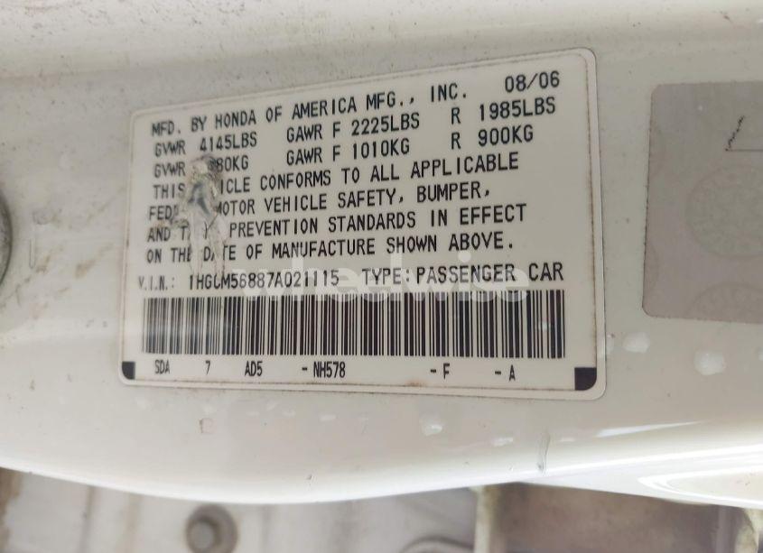 Photo 9 of 2007 Honda Accord EX (VIN 1HGCM56887A021115)