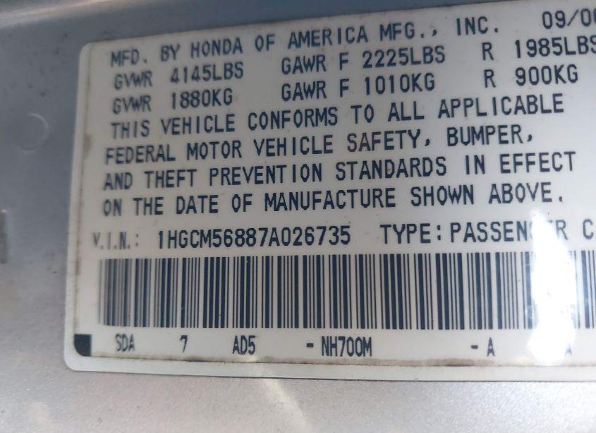 Photo 9 of 2007 Honda Accord 2.4 EX (VIN 1HGCM56887A026735)