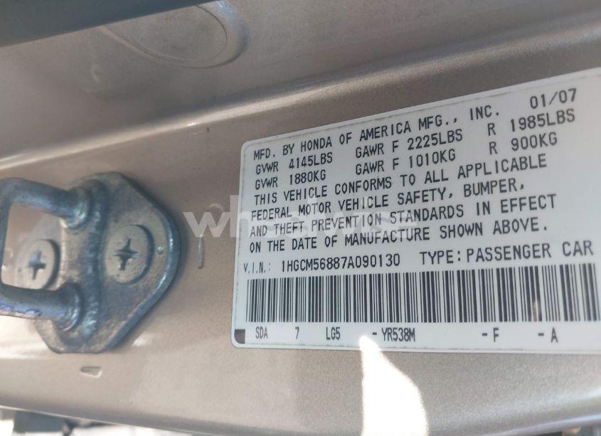 Photo 9 of 2007 Honda Accord 2.4 EX (VIN 1HGCM56887A090130)