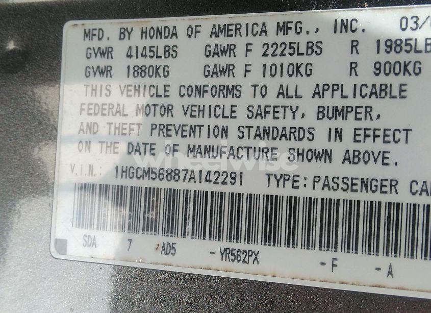 Photo 9 of 2007 Honda Accord 2.4 EX (VIN 1HGCM56887A142291)