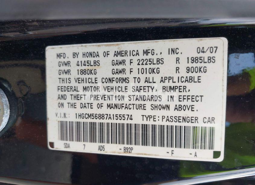 Photo 9 of 2007 Honda Accord 2.4 EX (VIN 1HGCM56887A155574)