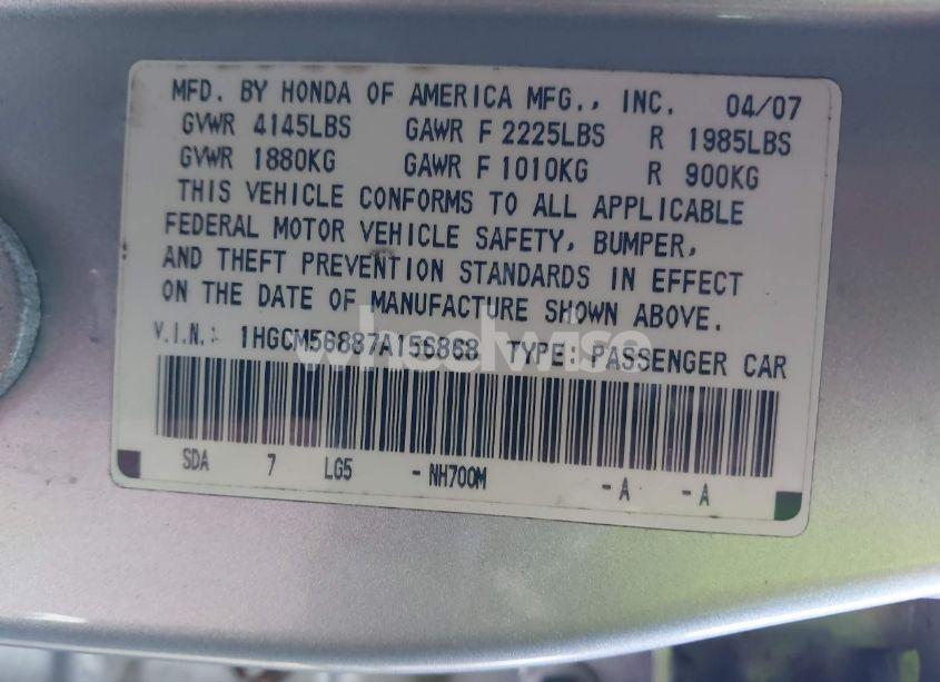 Photo 9 of 2007 Honda Accord 2.4 EX (VIN 1HGCM56887A156868)