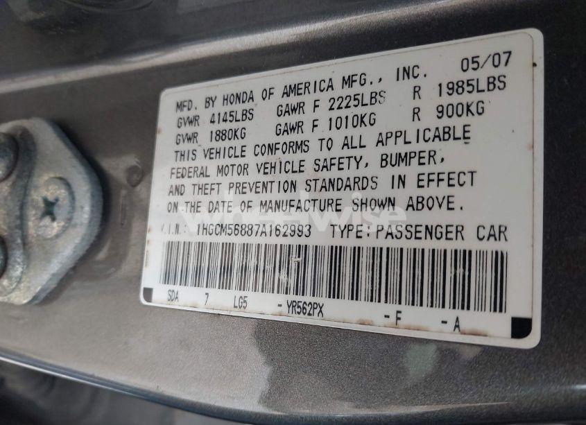 Photo 9 of 2007 Honda Accord 2.4 EX (VIN 1HGCM56887A162993)