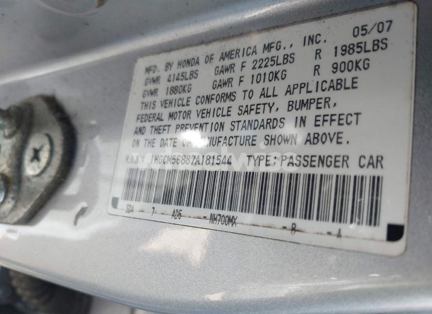 Photo 9 of 2007 Honda Accord 2.4 EX (VIN 1HGCM56887A181544)